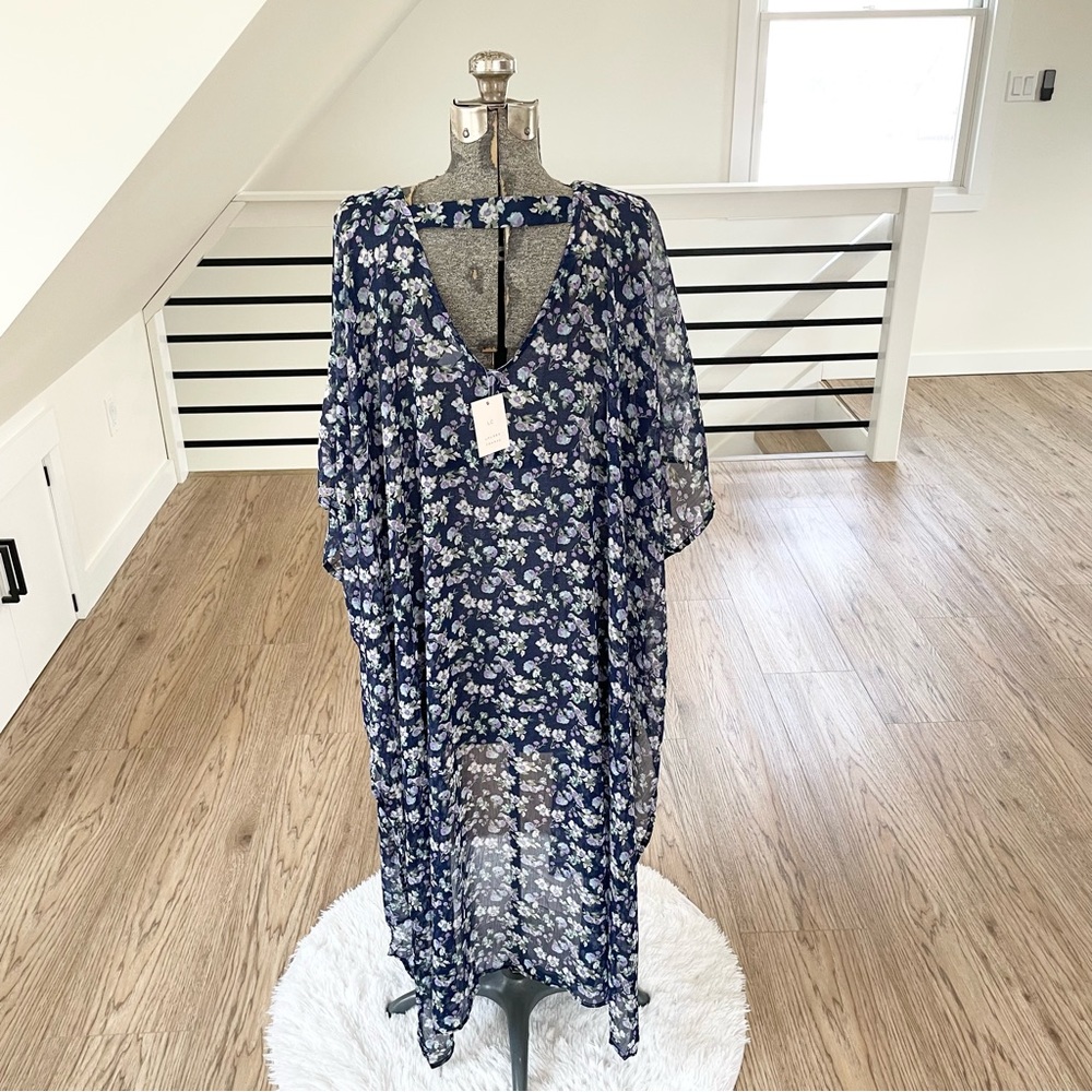 NWT LC Lauren Conrad, blue and purple duster, kimono beach cover-up floral print - Picture 8 of 9